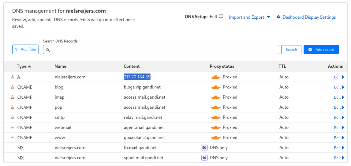 Cloudflare DNS records imported